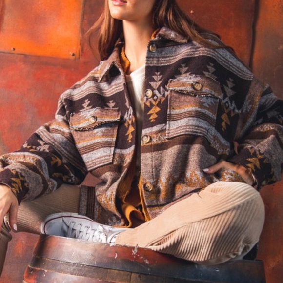 Private Label Jackets & Blazers - New! Cozy Western Aztec Oversized Jacket | Distressed Detail